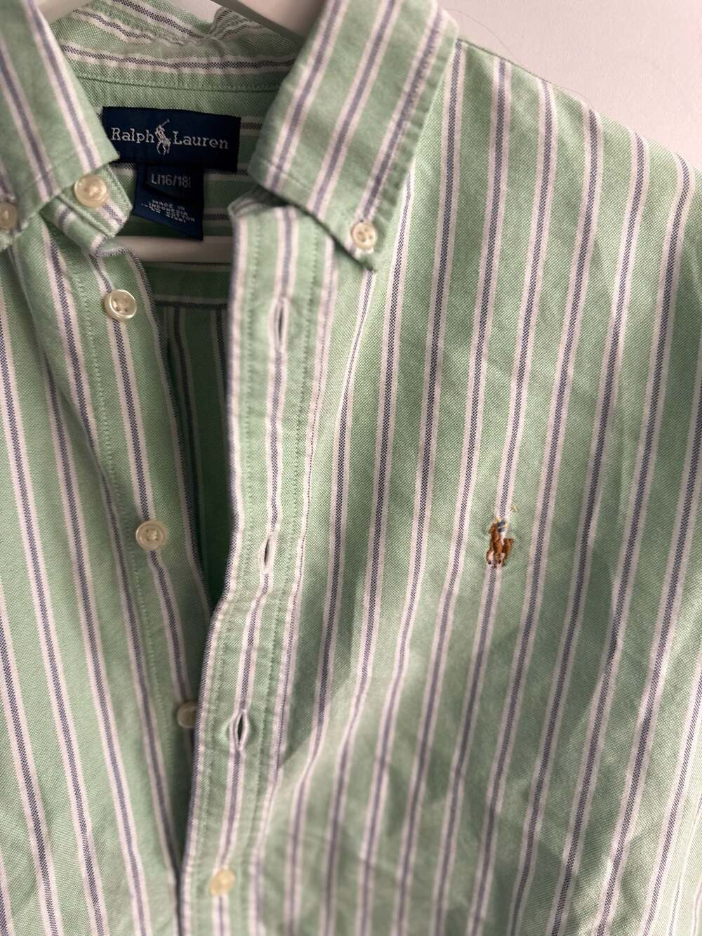 Vintage 90s Ralph Lauren Boys Green Striped Oxford Button Down Shirt Size L (16/ - Picture 2 of 9